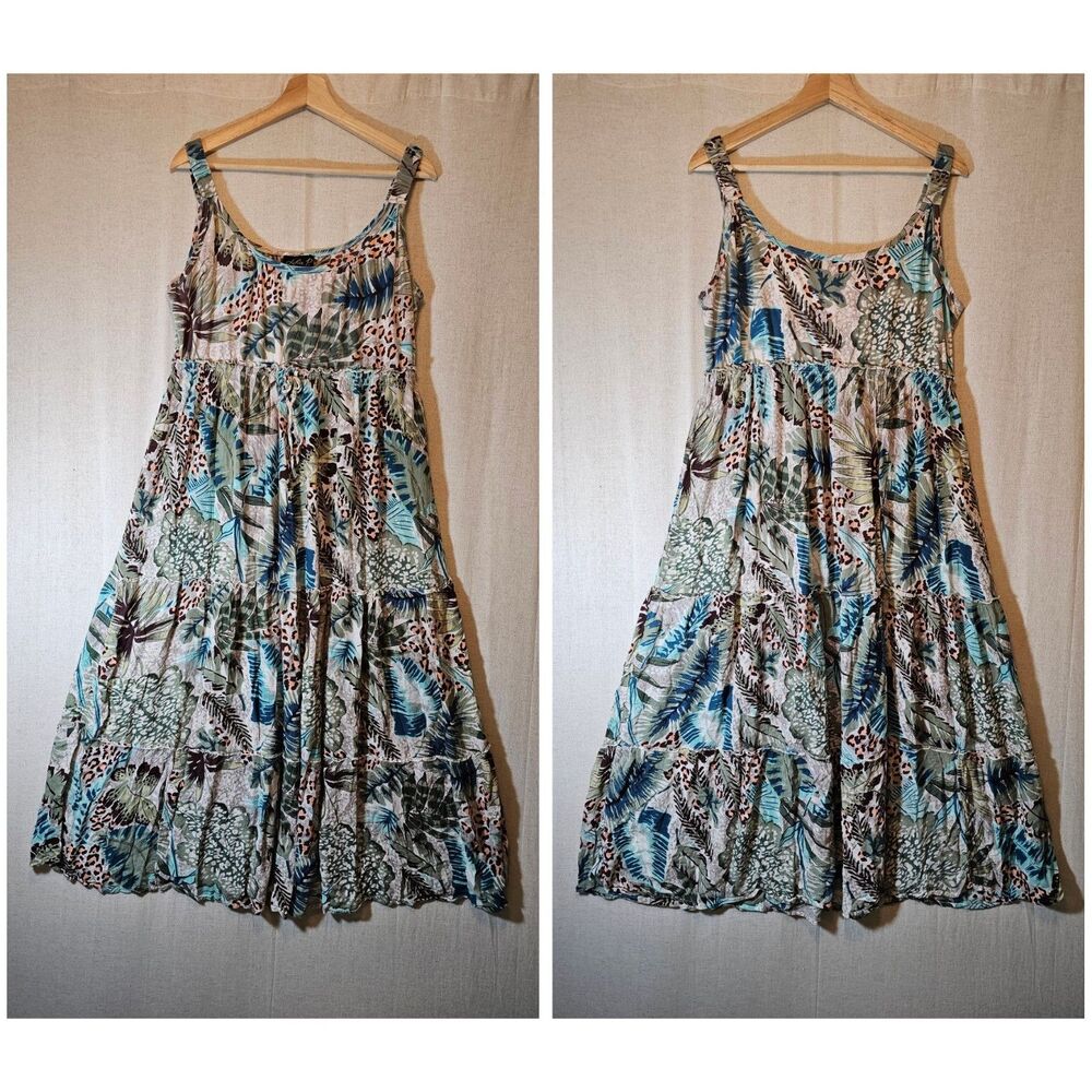 Lola P Leaf Print Sundress Tiered Maxi Dress Tropical Leaves Leopard Green XL